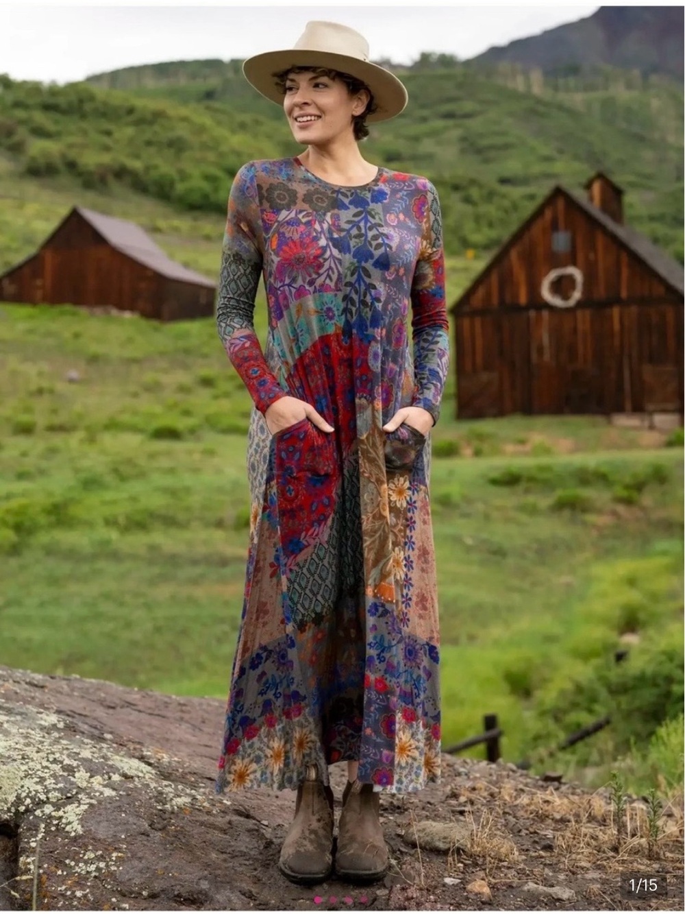 NATURAL LIFE Multicolor Patchwork Boho Floral Long Sleeve Maxi Dress 🍂 🆕